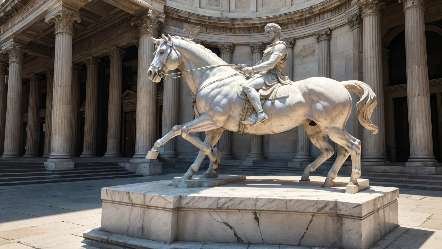 Imagine a statue of Marcus Aurelius, situated in a square. The statue depicts Marcus Aurelius with a muscular body, sculpted with great detail to highlight strength and determination. He stands in a dignified pose, with one hand raised, symbolizing leadership and wisdom.The marble or stone of the statue is ancient, with visible signs of wear and some cracks that attest to its age. The surrounding square is paved with stones and is bordered by classical Greek architectural elements, such as columns and small gardens.The background of the image is a blackground, intensifying the contrast with the illuminated statue. The darkness around the square creates a dramatic atmosphere, further emphasizing the imposing figure of Marcus Aurelius. Small beams of light may pierce through the darkness, illuminating specific parts of the statue and the square, giving a sense of reverence and timelessness.