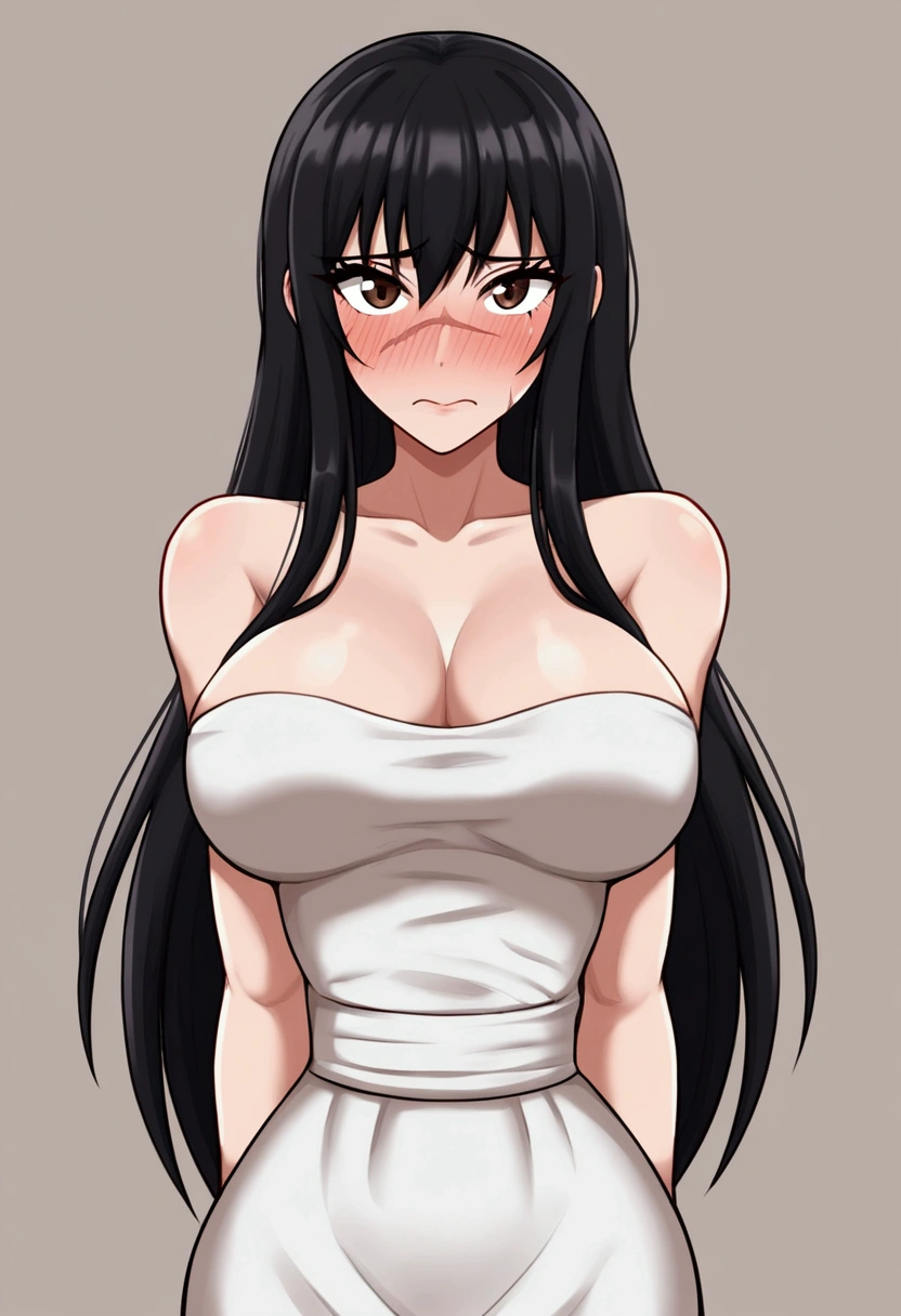 Solo, black hair, long hair, brown eyes, large breasts, narrow waist, hourglass, slim, pov, embarrassed, medium distance, scar on her nose, blushing, 