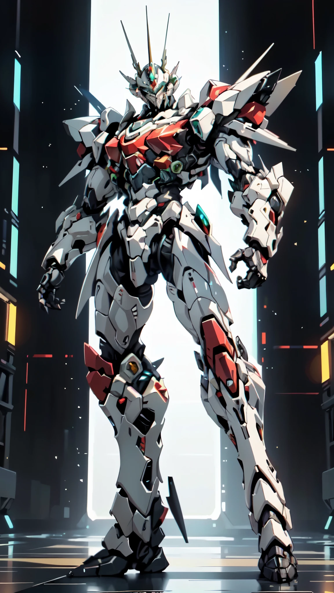 (masterpiece:1.5, best quality:1.5, extremely delicate:1.5, foreshortening:1.5, dynamic angle:1.5), a man wearing a full-face helmet, a fantasy-style biotech armored combat suit, green eyes, (a composite layered chest armor), fully enclosed shoulder guards, matching arm and leg guards, belt of Neon circuit, (the color scheme is primarily white with red green accents), the design balances heavy with agility, a high-tech bio-mecha armor, (Armor Concept Inspired by neon Cyberpunk, stand on the top of a skyscraper in a futuristic sci-fi city), this character embodies a finely crafted fantasy-surreal style armored hero in anime style, exquisite and mature manga art style, (element, plasma, energy, the armor glows), ((male:1.5)), metallic, high definition, highres, ultra-detailed, ultra-fine painting, professional, perfect body proportions, golden ratio, anatomically correct, symmetrical face, extremely detailed eyes and face, high quality eyes, creativity, RAW photo, UHD, 32k, Natural light, cinematic lighting, masterpiece-anatomy-perfect