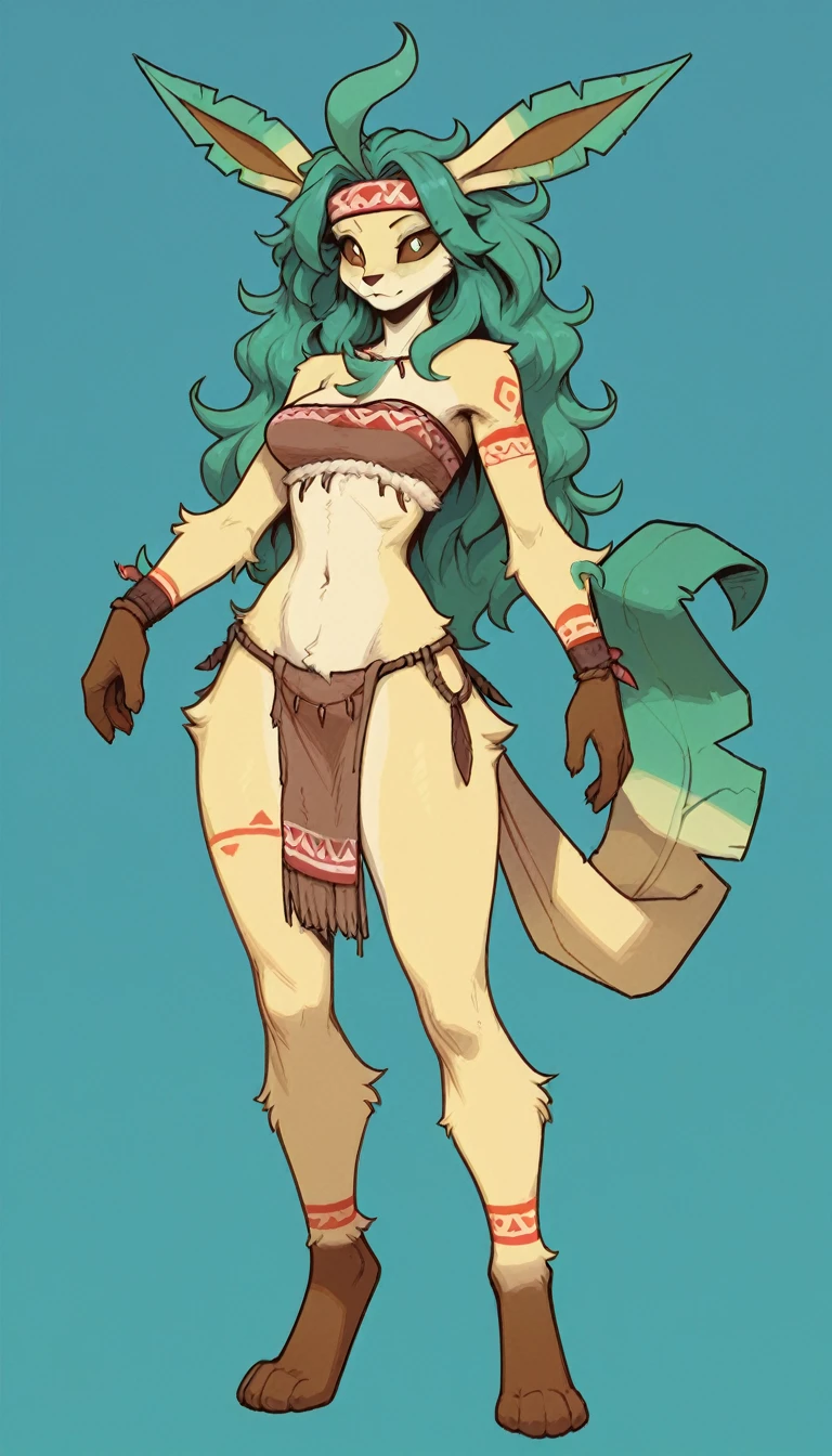 1girl, anthro, furry, fur, fluffy fur, leafeon girl, green hair, brown sclera, (white eyes), long hair, messy hair, (19 years), medium breast, thicc thighs, solo, (blue background), detailed, tribal loincloth, tribal top, tribal headband, tribal tattoos, (full body), score_9, score_8_up, score_7_up, score_6_up, score_5_up, score_4_up