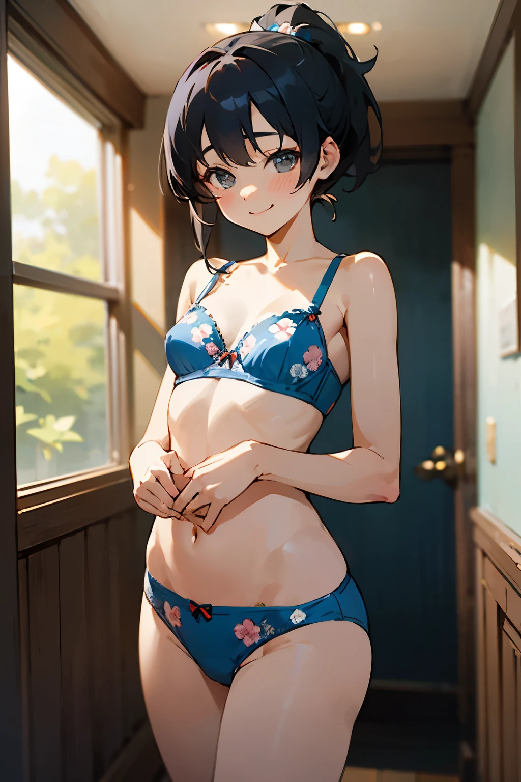NSFW、In the best quality、age girl standing in a room。In high resolution、Beautiful details、Quiet atmosphere。Black hair ponytail、Cute Smile.。Small breasts、Cute floral blue bra、Wearing cute floral blue panties。