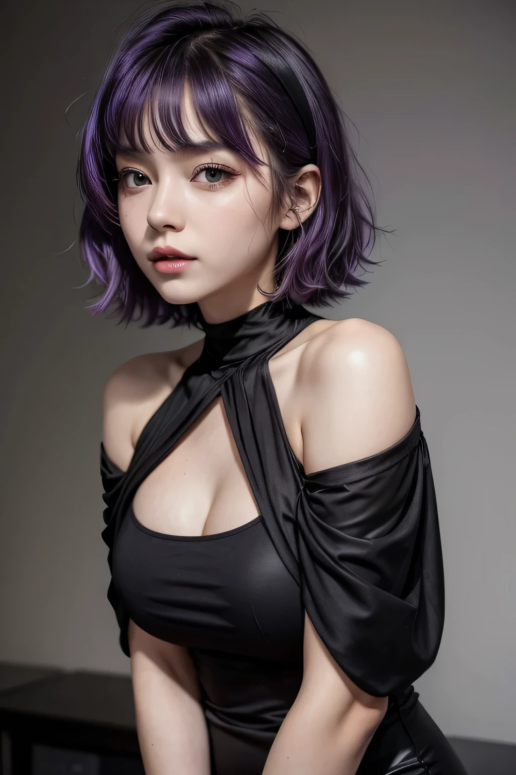 young woman, short shoulder length purple hair, with a tight black dress, with a great neckline