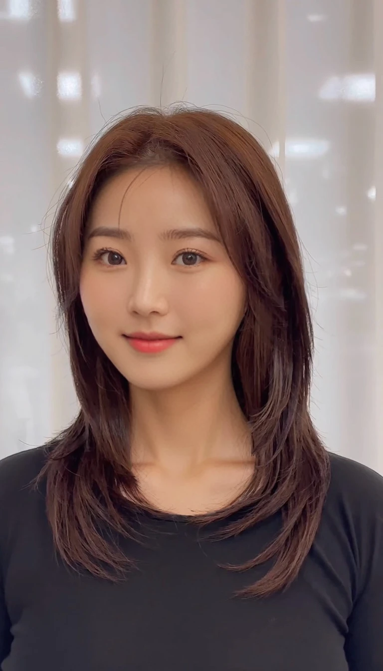 Best Quality, 8k, Masterpiece, (Portrait: 1.3), (photo realistic:1.4), (hyper realistic:1.4), Sharp Focus, looking at viewer, (smoother lighting:1.1), (increase cinematic lighting quality:0.9), realistic lighting, backlighting, light on face, ray trace, (brightening light:1.2), (Increase quality:1.4), sharp detail, (best quality real texture skin:1.4), finely detailed eyes, black_eyes, finely detailed face, 25 year old Korean woman,smiling_face