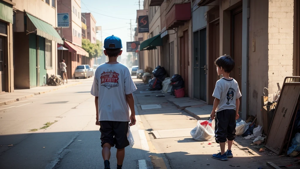 a boy and his grandpa, poor clothes, all trash in the streets