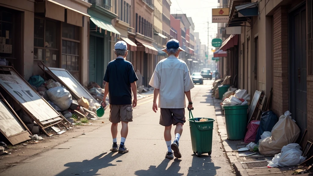 a boy and his grandpa, poor clothes, all trash in the streets