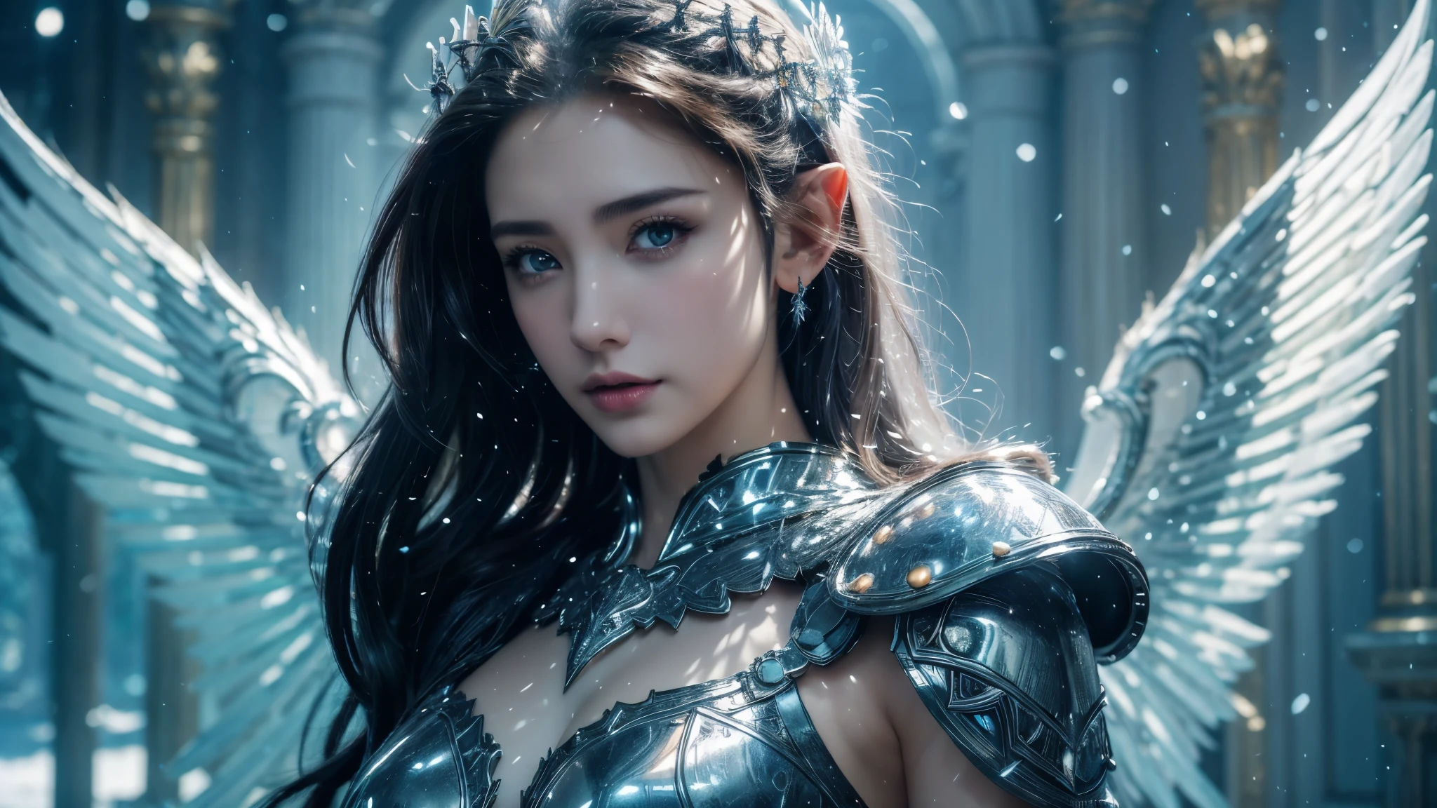 Close-up of woman holding sword and armor, Armor Girl, 2. 5D CGI anime fantasy artwork, Large Breasts,Epic fantasy digital art style, detailed Digital 2D fantasy art, Digital 2D fantasy art, original photo, (best quality:1.3), high resolution, (masterpiece), (lifelike:1.4), Professional photography, Clear focus, High Dynamic Range, 8k resolution, Intricate details, Fine details, Depth of Field, Extremely detailed CG unified 8k wallpaper, masterpiece,poster,best quality,Official Art,(Beauty and aesthetics:1.2),(masterpiece:1.3),Female Elf,individual,Light Leather Armor,complex pattern,snow,castle,Medium distance photography,(early morning),dramatic,Glowing Wings,