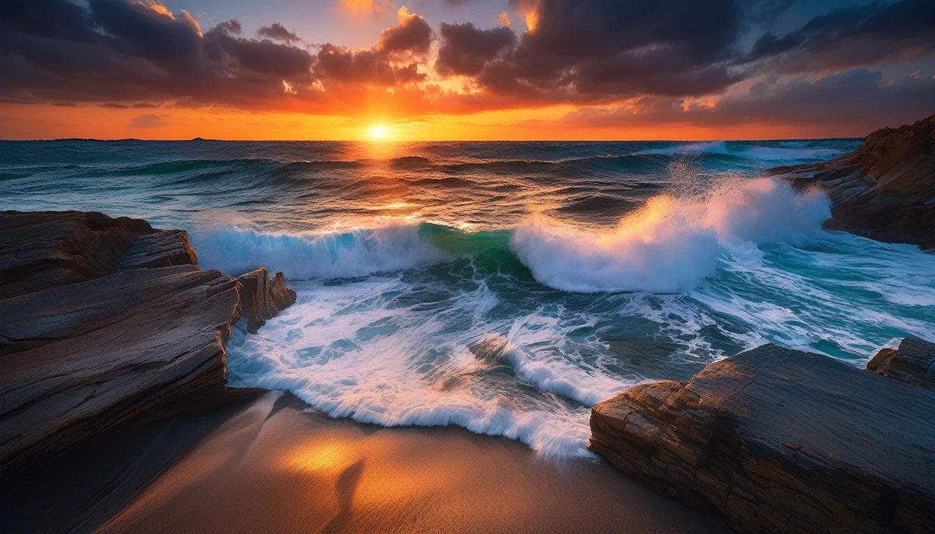 arafed view of a sunset over the ocean with waves crashing, golden time, chaotic sea setting, vibrant sunrise, breathtaking colors, breathtaking look, vibrant sunset, breathtaking composition, beautiful sea landscapes, stunning sunset, magnificent background, sunset glow, beautiful background, beautiful dreamy breathtaking, marc adamus, warm beautiful scene, epic sunset, beautiful sunset, beautiful sunset glow, beautiful ocean