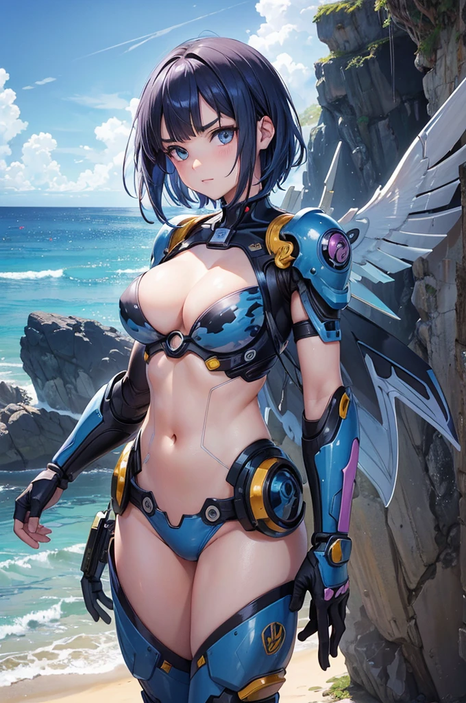 masterpiece, best quality, ultra detailed, 4K, no bad anatomy and fingers, fibonacci composition, cinematic angle, a cyborg girl, beach, staring out to sea, melancholy, super fine concept art, combat plug suit with big mechanical wings, Blue Camouflage, elaborately designed clothes, medium short hair with straight bangs above the eyebrows, colored inner hair, glowing beautiful skin and eyes, beautiful Okinawa beach, sunny, thick lines, Masashi Kishimoto, Hirohiko Araki,