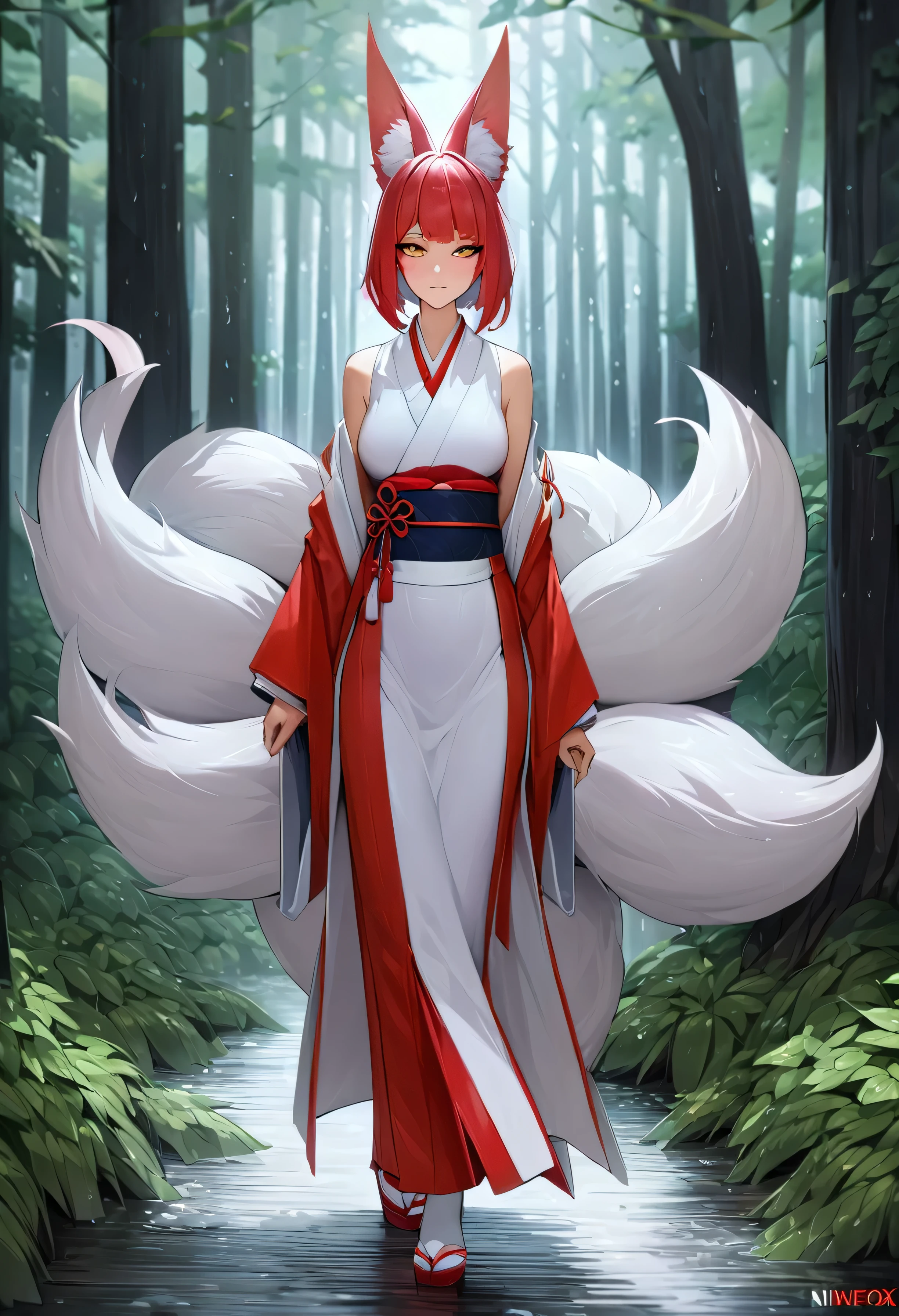 Masterpiece, Extremely detailed, ArtStation, A beautiful kitsune woman walking in a rainy forest, fox ears, nine fox tails, traditional Japanese clothing. 