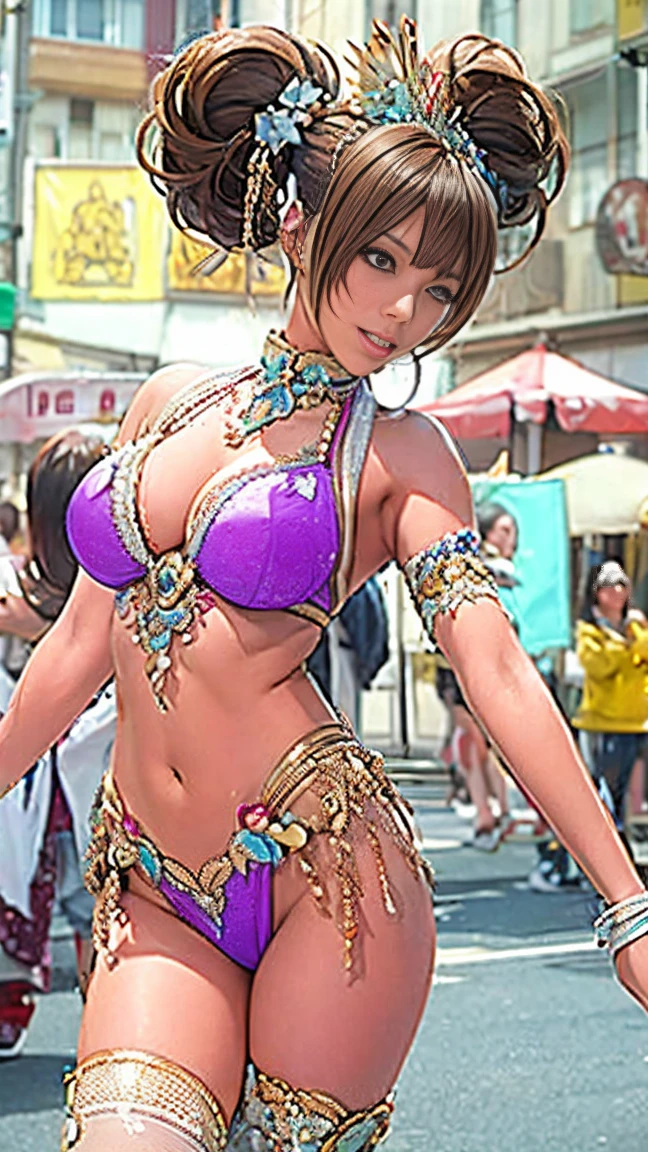 Highest quality, Official Art, 4K, masterpiece, Fabric Shading, High resolution, Very detailed, colorful, Best details, Fantasy, High leg samba costume:1.5, Yuki Mori:1.5, 1 female, Age 25, Brown Hair, short hair, Twin tails,Naturally flowing bangs, Puffy nipples, {{{{{Dancing vigorously in the parade:1.9}}}}}, A castle town with an old castle view, sunny, Large Breasts, skinny, {{{{{Surrounded by a large group of male photographers:1.9}}}}}, Confetti falling, Blessed, welcome:1.5, Camel Toe:1.7, Ground level shot,