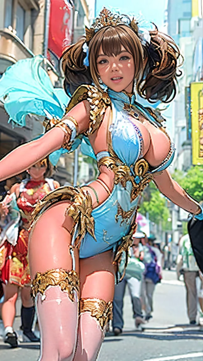 Highest quality, Official Art, 4K, masterpiece, Fabric Shading, High resolution, Very detailed, colorful, Best details, Fantasy, High leg samba costume:1.5, Yuki Mori:1.5, 1 female, Age 25, Brown Hair, short hair, Twin tails,Naturally flowing bangs, Puffy nipples, {{{{{Dancing vigorously in the parade:1.9}}}}}, A castle town with an old castle view, sunny, Large Breasts, skinny, {{{{{Surrounded by a large group of male photographers:1.9}}}}}, Confetti falling, Blessed, welcome:1.5, Camel Toe:1.7, Ground level shot,