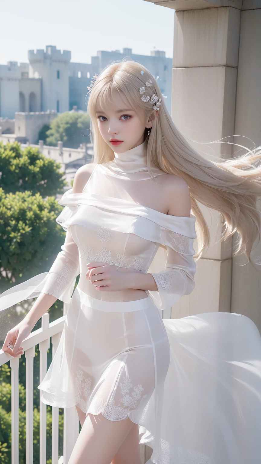 ((Woman Standing On Balcony Of Old Castle))、Highest quality works、actual work、Ultra Premium Graphics、8K HD CG Works、High quality graphics、High-definition CG works、10x pixels、Ultra-fine detail:1. 1、High technical level:1.1 PhotoGenuine、Natural light:1. 5、Light effects(Virtual Light effects:1.8)、((Straight Van、Princess Van))、((Very heavy、Volume Bang:1.1)、((very long、Very heavy、Very voluminous side locks:1. 1)、Hime cut、Straight bangs、Bangs straight、(masterpiece、Highest quality:1.5)、(ultra detailed 8k cg:1.4)、(超Realistic:1.25)、(Genuine:1.1. 4)、((Golden white hair))、Thin eyebrows、High nose、Nice red lips、Rosy Cheeks、Delicate makeup face、Cute Face、Perfectly balanced face、()、Light-colored foundations enhance the clarity of your skin..。 ((An off-the-shoulder semi-transparent white floral dressy skirt fluttering in the wind))、 ((You can see her white panties)), 40k、photograph、、Highest quality、(1. Beautiful Eyes、Light Hair、White skin、Mr.. Escape.々Pause、((Mid-chest、:1.1))、Highest quality、Tabletop、Ultra-high resolution、(Genuine:1.4)、RAWphotograph、(Perfect figure)、(slim、:1.3)。 3)、slimな腹部、that's all(Girl standing on the balcony of an old castle),((バストアップphotograph)),((masterpiece:1.5、8k、Portraiture、フォトリアリスティックでVery detailedなCG、Very detailed、Particle Effects、Dynamic Effects、Written boundary depth、Cinematic Light、Lens flare、Ray Tracing、Tabletop、Realistic:1.4、Ultra-high resolution:1.2、Realistic、Realistic,((alone)、(A woman wearing a semi-transparent white turtleneck dress:1.4)、モデル風のPause:、Side bust、(Medium sized breasts)、Detailed face、Bright expression、young, Brighter, よりWhite skin、Best Looks、Ultimate beauty、White hair with shiny highlights:1.8、bright and shiny hair,、Super long, Silky straight hair、Hair swaying in the wind))(Wonderful transparent flower々Surrounded by、White Background、Great background、Thin petals fluttering down)、(The Milky Way is visible in the background)