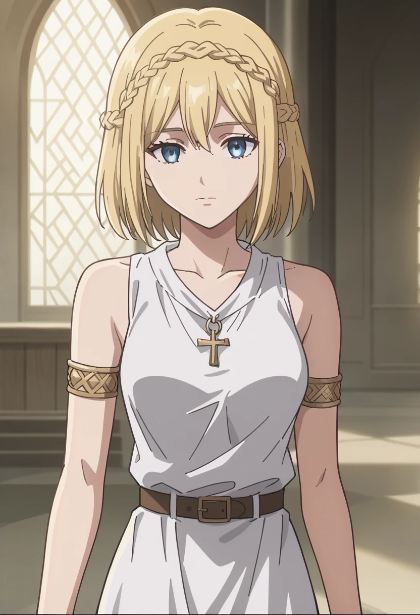 score_9, score_8_up, score_7_up, source_anime, best quality, high resolution, masterpiece, absurdres,vector trace,anime screencap, key art style, cinematic lighting, morning, 1girl, solo,  medieval, taint glass,blue eyes, blonde hair, medium breasts, sleeveless, collarbone, armlet, bare shoulders, long white royal tunic, throne room, formal, standing, historiaReiss, christa renz, , crown braid, ears, (very short hair), crown braid, fully braided hair, looking at viewer