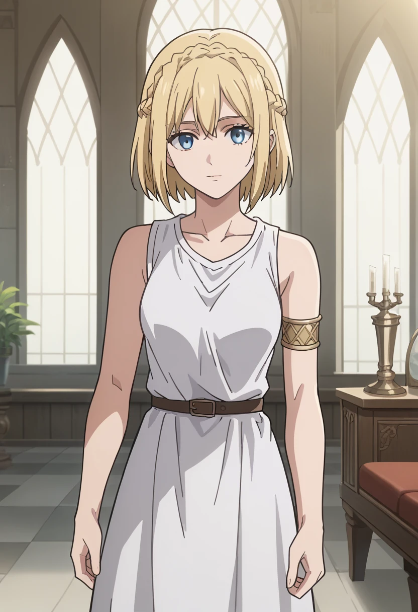 score_9, score_8_up, score_7_up, source_anime, best quality, high resolution, masterpiece, absurdres,vector trace,anime screencap, key art style, cinematic lighting, morning, 1girl, solo,  medieval, taint glass,blue eyes, blonde hair, medium breasts, sleeveless, collarbone, armlet, bare shoulders, long white royal tunic, throne room, formal, standing, historiaReiss, christa renz, , crown braid, ears, (very short hair), crown braid, fully braided hair, looking at viewer