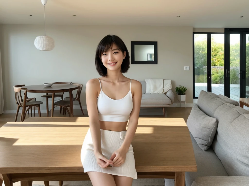 masterpiece, realistic, photorealistic, best quality, beautiful detailed, natural lighting, sharp focus, slim body, abs:1.2, small breasts, best quality real texture skin, Detailed beautiful delicate face and eyes, A beautiful 20-year-old Japanese woman with short hair, wearing a white tank top and white mini skirt, sitting on a dining table chair in a modern living room. She is smiling and looking at the camera while searching the internet on her laptop. The room has a minimalist Scandinavian design with light wooden furniture and neutral tones. Full body shot.
