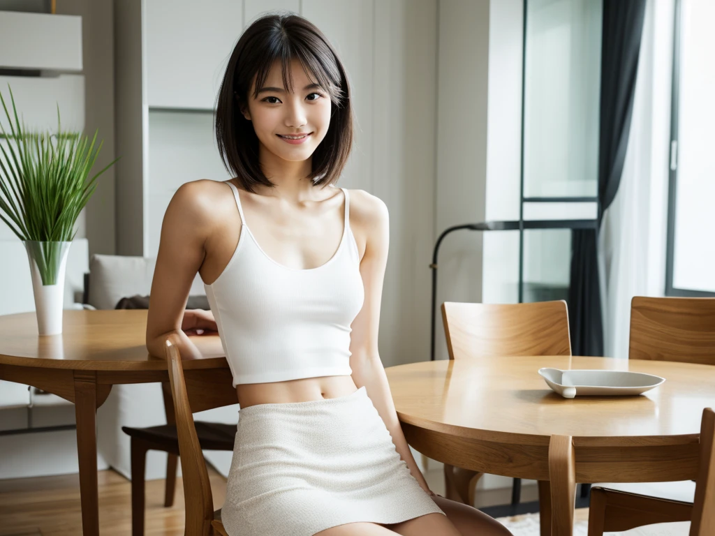 masterpiece, realistic, photorealistic, best quality, beautiful detailed, natural lighting, sharp focus, slim body, abs:1.2, small breasts, best quality real texture skin, Detailed beautiful delicate face and eyes, A beautiful 20-year-old Japanese woman with short hair, wearing a white tank top and white mini skirt, sitting on a dining table chair in a modern living room. She is smiling and looking at the camera while searching the internet on her laptop. The room has a minimalist Scandinavian design with light wooden furniture and neutral tones. Full body shot.
