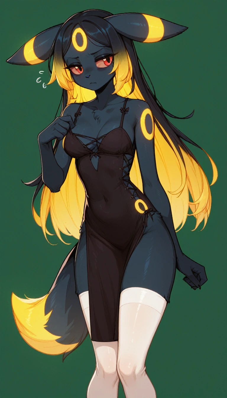 Tired expression, 1girl, anthro, furry, fur, fluffy fur, umbreon girl, black hair (yellow highlights), red eyes, long hair, straight hair, (19 years), medium breast, thighs, solo, (green background), detailed, black dress, white stockings, (closed mouth), annoyed, yellow eye shadow, (full body), score_9, score_8_up, score_7_up, score_6_up, score_5_up, score_4_up