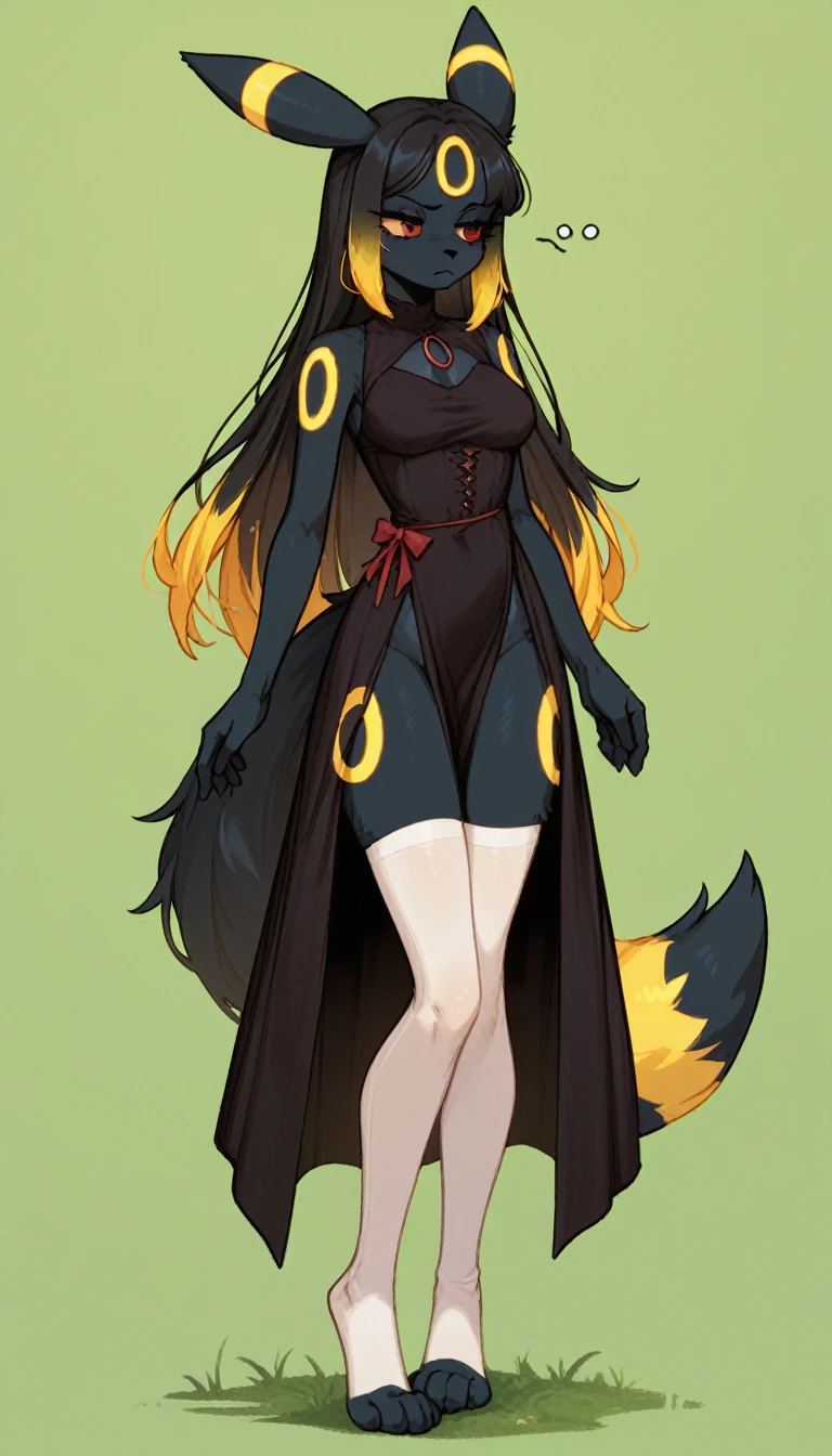 Tired expression, 1girl, anthro, furry, fur, fluffy fur, umbreon girl, black hair (yellow highlights), red eyes, long hair, straight hair, (19 years), medium breast, thighs, solo, (green background), detailed, black dress, white stockings, (closed mouth), annoyed, yellow eye shadow, (full body), score_9, score_8_up, score_7_up, score_6_up, score_5_up, score_4_up