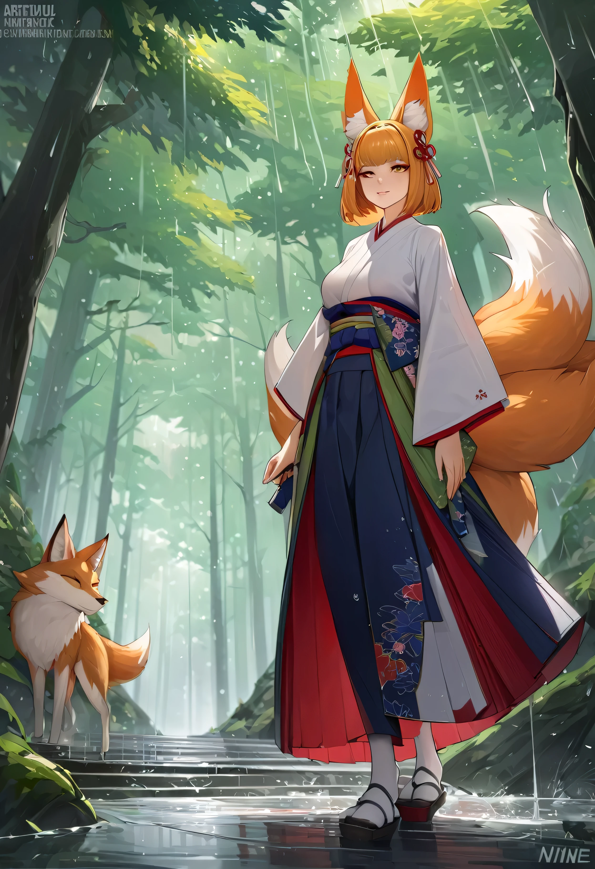Masterpiece, Extremely detailed, ArtStation, A beautiful kitsune woman walking in a rainy forest, fox ears, nine fox tails, traditional Japanese clothing.