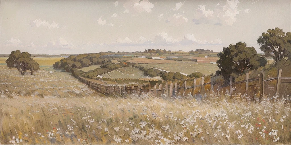 In the style of Joaquin Sorolla,Depicts a vast field,Fields of tall grass and wildflowers,There is a fence,The sky is gray,The overall color is gray-brown。The bold brushstrokes in the painting,Post-modern Impressionist style。Use oil painting techniques,Draw by hand。