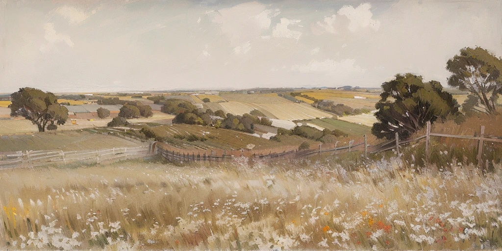 In the style of Joaquin Sorolla,Depicts a vast field,Fields of tall grass and wildflowers,There is a fence,The sky is gray,The overall color is gray-brown。The bold brushstrokes in the painting,Post-modern Impressionist style。Use oil painting techniques,Draw by hand。