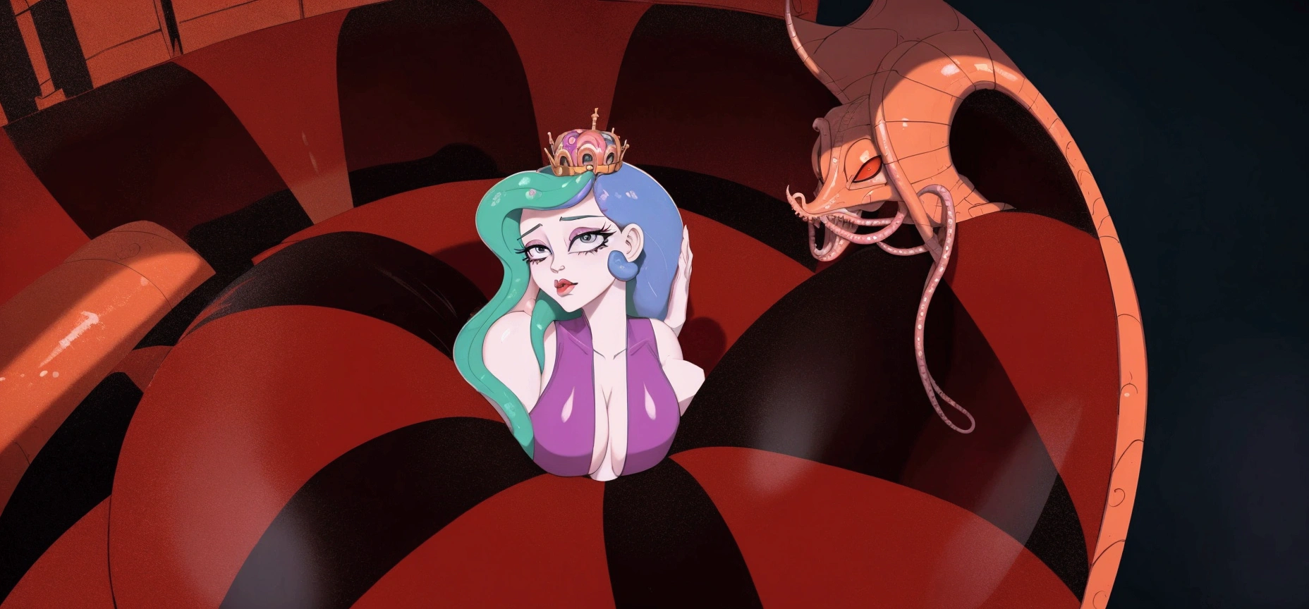 there is a cartoon girl that is sitting in a giant red ball, very sad medusa, fan art, big tentacle sneak around, some tentacles are touching her, in a throne room, evil princess, lamia, sitting on obsidian throne, inspired by Sebastian Vrancx, mlp fanart, female disney villain, in a crashed spaceship, princess in foreground