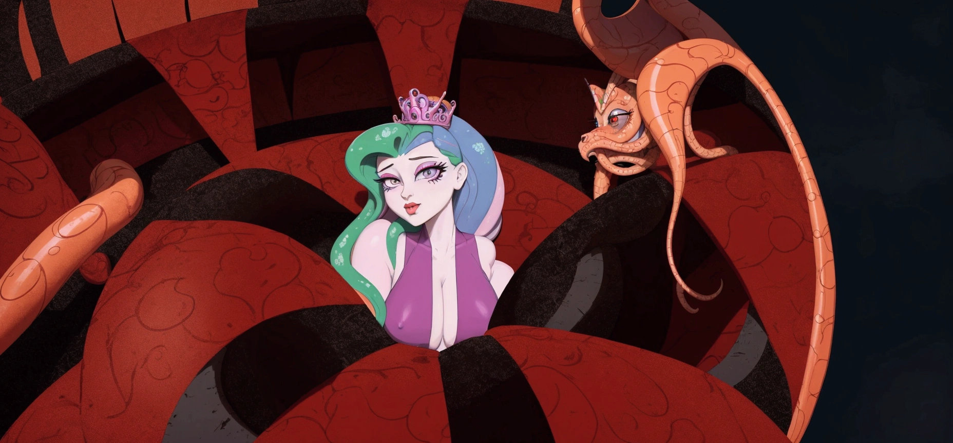 there is a cartoon girl that is sitting in a giant red ball, very sad medusa, fan art, big tentacle sneak around, some tentacles are touching her, in a throne room, evil princess, lamia, sitting on obsidian throne, inspired by Sebastian Vrancx, mlp fanart, female disney villain, in a crashed spaceship, princess in foreground