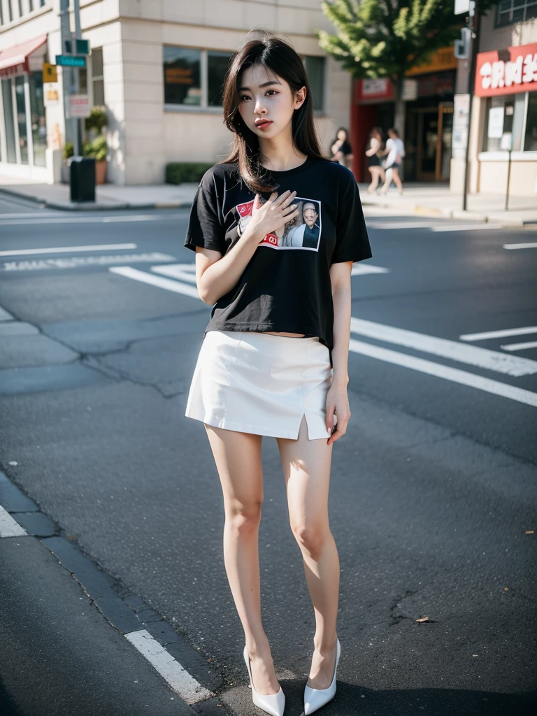 Full body Korean woman in her 20s, Street. crop tee, short skirt, pumps high heels, Full body Standing front White skin, Normal body type, ((best quality)), ((masterpiece)), (detailed), perfect face, perfect body, perfect hands, perfect feet,
(realistic, : 1.4), original photo, (real skin texture: 1.3), (film grain: 1.3)