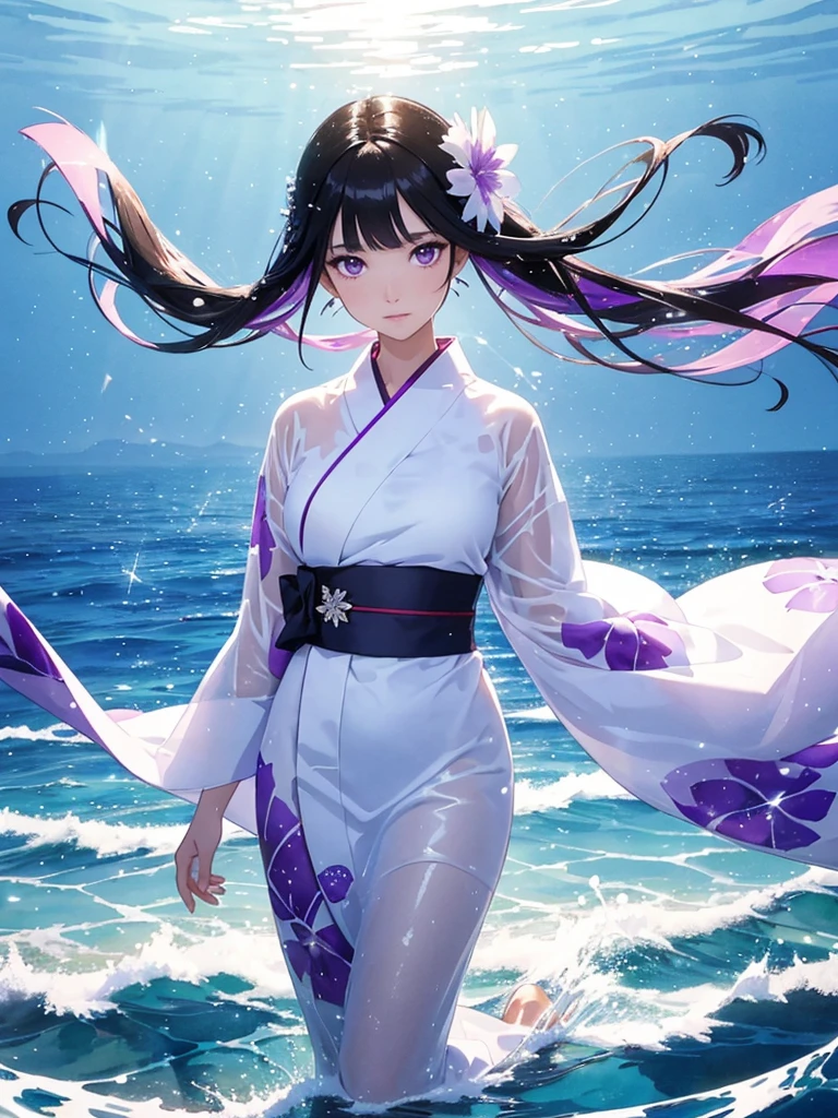 a woman with black hair and beautiful large purple eyes, wearing a white yukata, walking on a transparent sea with a mirror-like beach, background with splashes of water, full-body illustration, rainbow-colored halation, very Bright sparkling wind, beautiful watercolor painting illustration