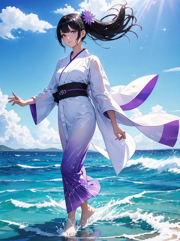 a woman with black hair and beautiful large purple eyes, wearing a white yukata, walking on a transparent sea with a mirror-like beach, background with splashes of water, full-body illustration, rainbow-colored halation, very Bright sparkling wind, beautiful watercolor painting illustration