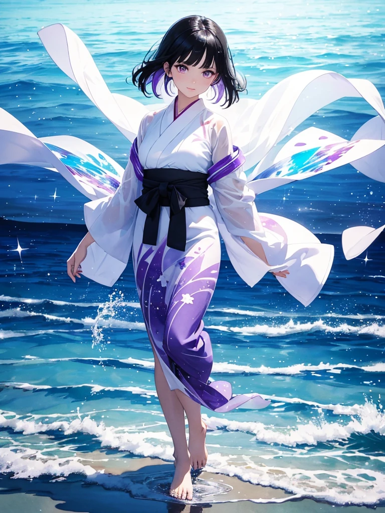a woman with black hair and beautiful large purple eyes, wearing a white yukata, walking on a transparent sea with a mirror-like beach, background with splashes of water, full-body illustration, rainbow-colored halation, very Bright sparkling wind, beautiful watercolor painting illustration