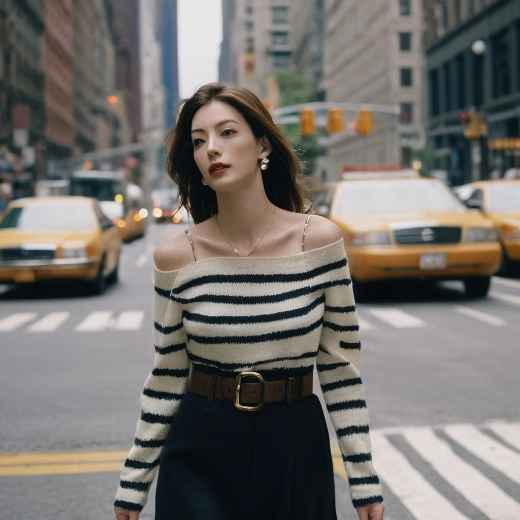 Closeup portrait photo of a blonde high fashion young Korean woman, still from the film, ((solo)), (Anne Hathaway look alike face: 0.9), looking up at the sky, in downtown new york city, crosswalks stripes, traffic lights, cloudy day, Asian signs, Leica SL3, Summicron-SL 75 f/2 ASPH, kodak gold 200 film, bare shoulder, dynamic action pose,
