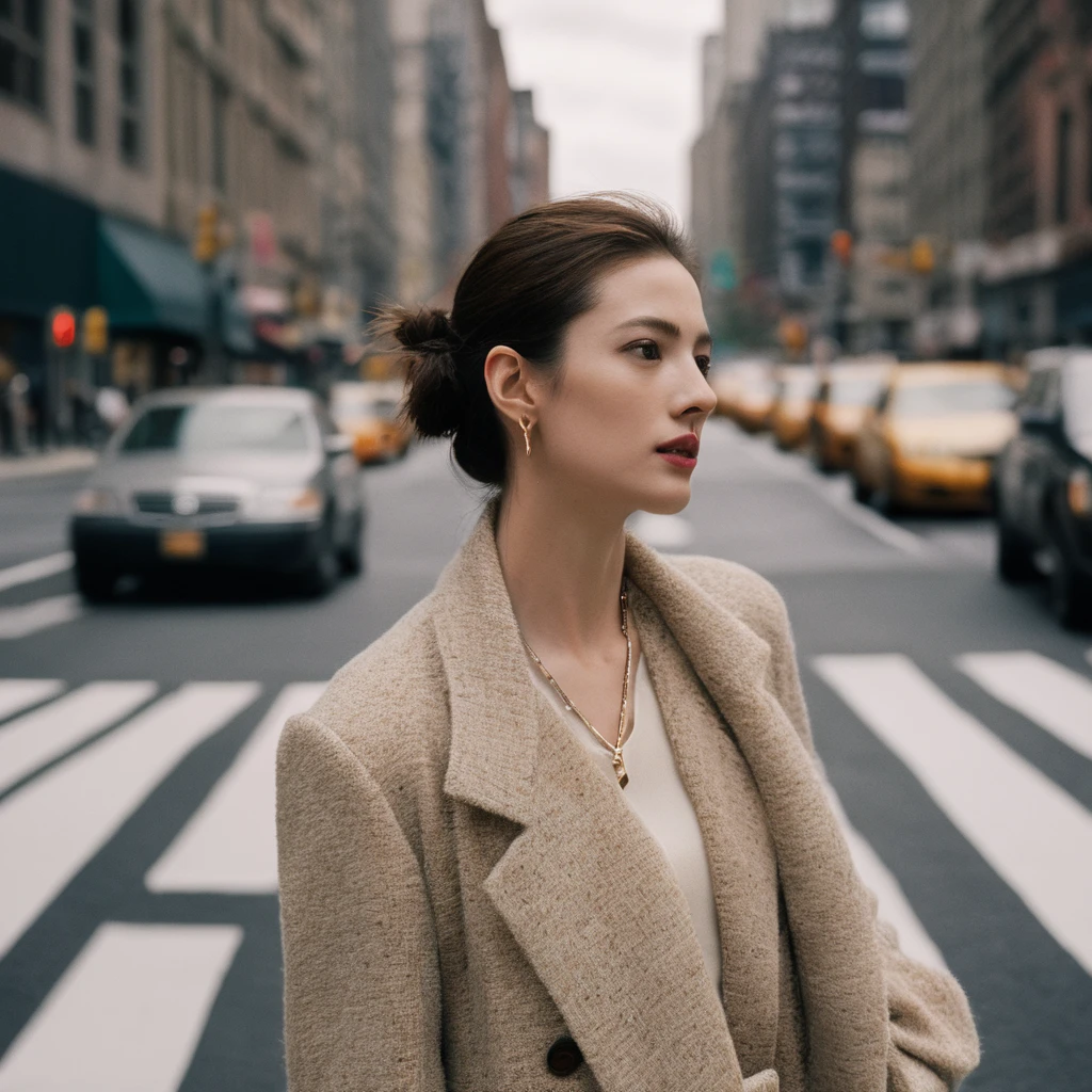 Closeup portrait photo of a blonde high fashion young Korean woman, still from the film, ((solo)), (Anne Hathaway look alike face: 0.9), looking up at the sky, in downtown new york city, crosswalks stripes, traffic lights, cloudy day, Asian signs, Leica SL3, Summicron-SL 75 f/2 ASPH, kodak gold 200 film, bare shoulder, dynamic action pose,