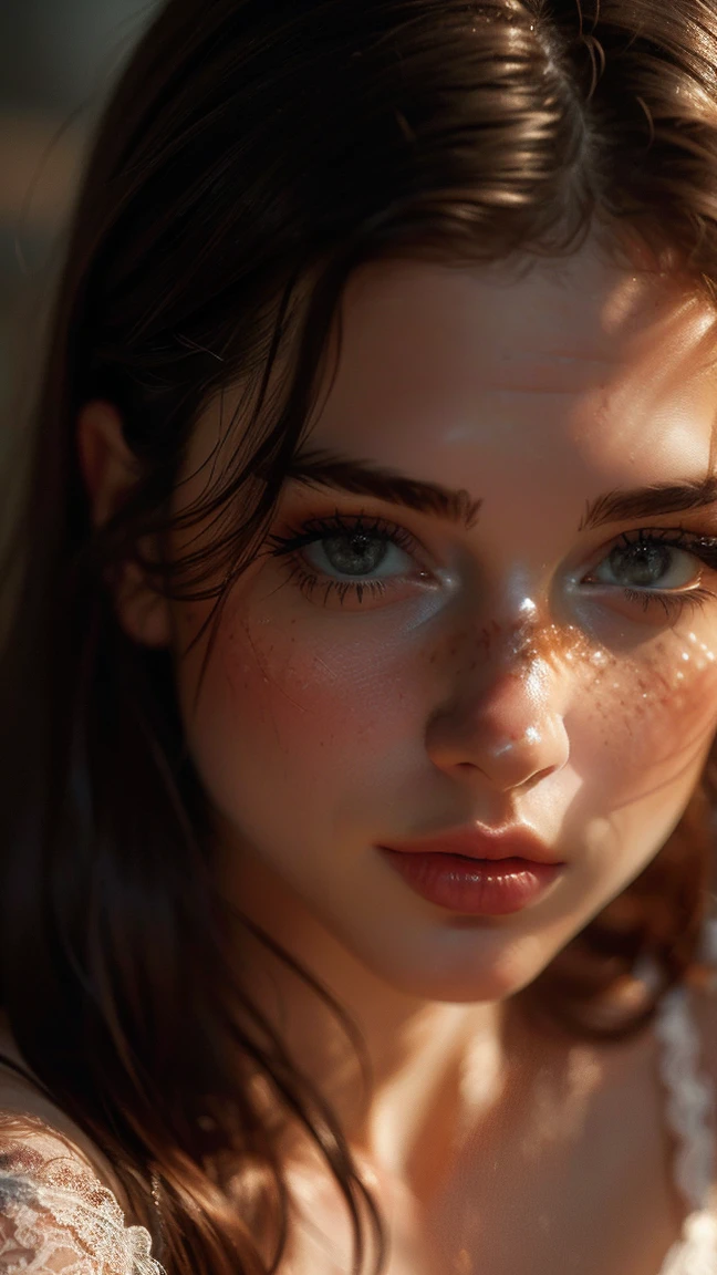 beautiful detailed eyes, beautiful detailed lips, extreme detailed face, long eyelashes, loose hair, elegant pose, breasts big, greasy skin, soft lighting, portraite, warm color tones, oil painting texture, dreamy atmosphere, delicate brushwork, realistic skin texture, sophisticated details, swirly vibrant colors, ethereal background, romantic atmosphere., (lace lingerie:1.3)