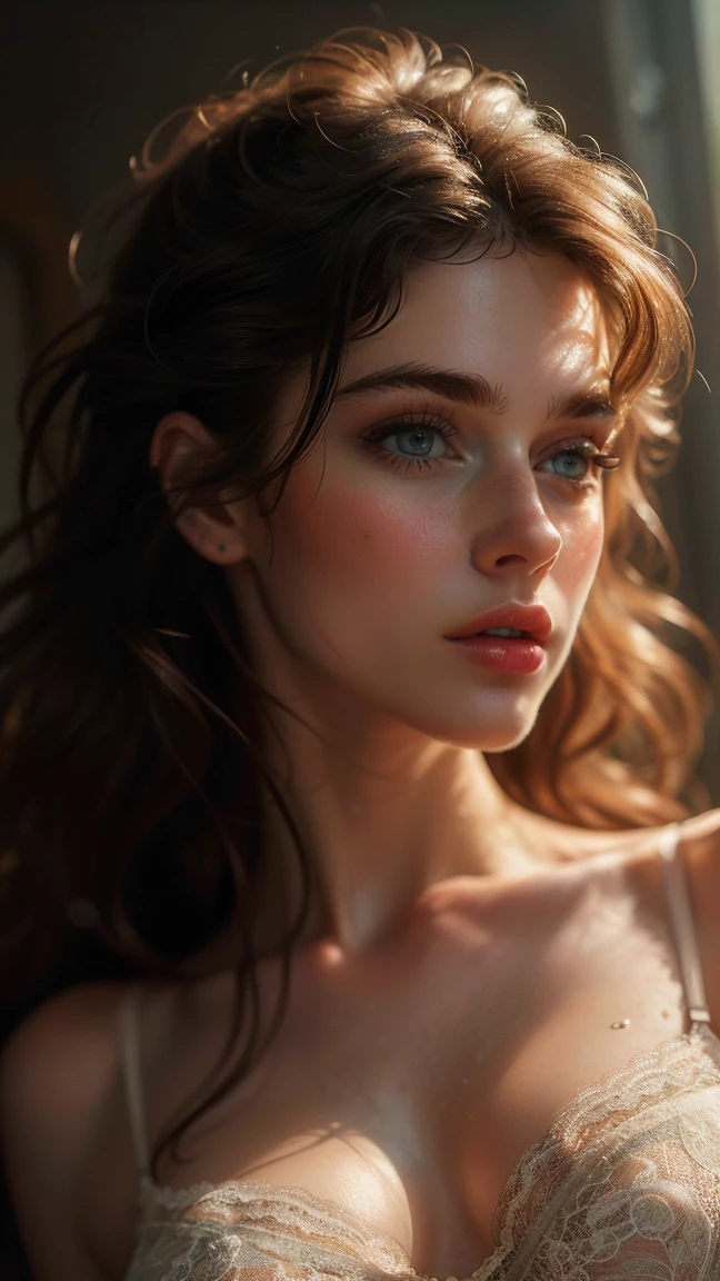 beautiful detailed eyes, beautiful detailed lips, extreme detailed face, long eyelashes, loose hair, elegant pose, breasts big, greasy skin, soft lighting, portraite, warm color tones, oil painting texture, dreamy atmosphere, delicate brushwork, realistic skin texture, sophisticated details, swirly vibrant colors, ethereal background, romantic atmosphere., (lace lingerie:1.3)
