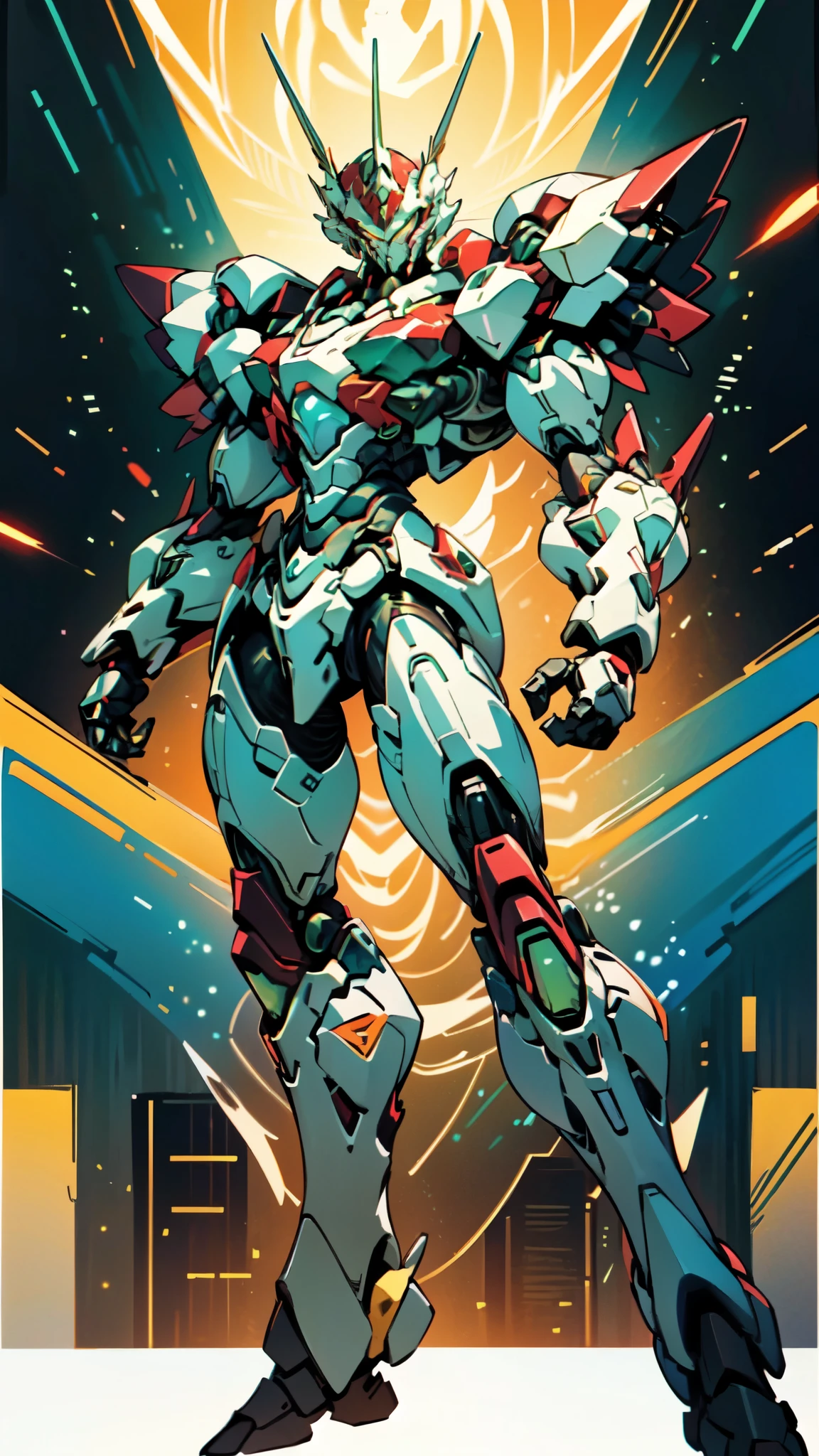 (masterpiece:1.5, best quality:1.5, extremely delicate:1.5, foreshortening:1.5, dynamic angle:1.5), a man wearing a full-face helmet, a fantasy-style biotech armored combat suit, green eyes, (a composite layered chest armor), fully enclosed shoulder guards, matching arm and leg guards, belt of Neon circuit, (the color scheme is primarily white with red green accents), the design balances heavy with agility, a high-tech bio-mecha armor, (Armor Concept Inspired by neon Cyberpunk, stand on the top of a skyscraper in a futuristic sci-fi city), this character embodies a finely crafted fantasy-surreal style armored hero in anime style, exquisite and mature manga art style, (element, plasma, energy, the armor glows), ((male:1.5)), metallic, high definition, highres, ultra-detailed, ultra-fine painting, professional, perfect body proportions, golden ratio, anatomically correct, symmetrical face, extremely detailed eyes and face, high quality eyes, creativity, RAW photo, UHD, 32k, Natural light, cinematic lighting, masterpiece-anatomy-perfect