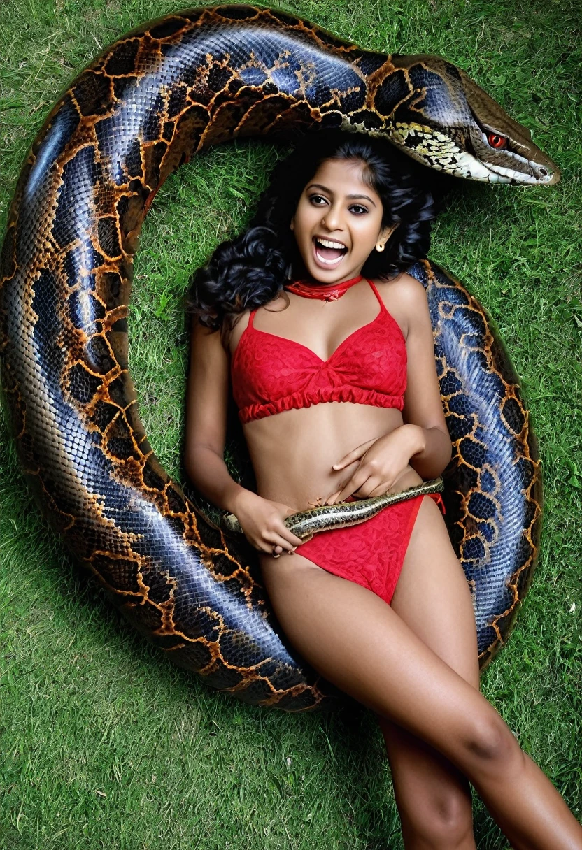 Happy Horny, aroused 1girl), beautiful Indian young girl wearing red thong with giant colossal Kaa monster squeezing her hard, wrapped in thick spiraling coils, constricted, struggle, gasping for air, snake attack, snake peril,