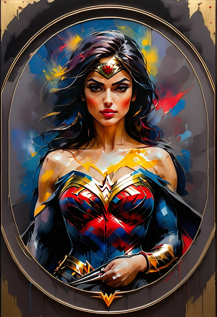 (bold brushstrokes,vibrant colors,abstract shapes) painting of an extremely powerful, emotional, and sexy wonderwoman. The painting portrays her with detailed, piercing gaze and beautiful, seductive lips. She stands tall and confident, with a strong, statuesque figure, dressed in a sleek, form-fitting costume that accentuates her curves. The background is filled with dynamic, swirling strokes, representing the chaotic and powerful nature of her emotions. The colors used are a mix of vibrant and contrasting hues, symbolizing both the intensity and complexity of her emotions. The painting is rendered with high resolution and ultra-detailed brushwork, capturing every intricate detail and texture. The overall lighting is dramatic and spotlight-like, casting shadows and highlighting the contours of her figure. The painting combines elements of realism and abstraction, creating a visually striking and emotionally evocative artwork. cross hands