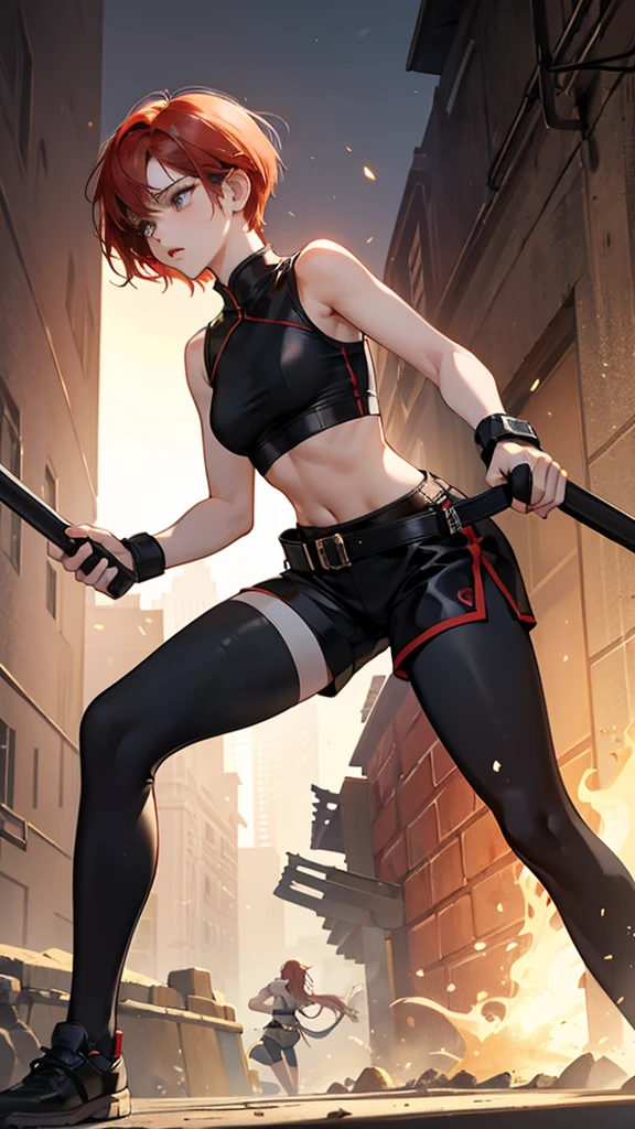 {{masterpiece}}, {{{best quality}}},{{ultra-detailed}}, {{illustration}},{{tall stature}},{{adult women}},skinny,Small breasts,Slender body,{{fighting stance}},((Leggings with integrated shorts)),Black leggings female fighter Red hair short cut Sleeveless uniform Martial Arts Belt ,Chinese style,full body, black fingerless gloves,Street Fight,Slums,1 female,alone,