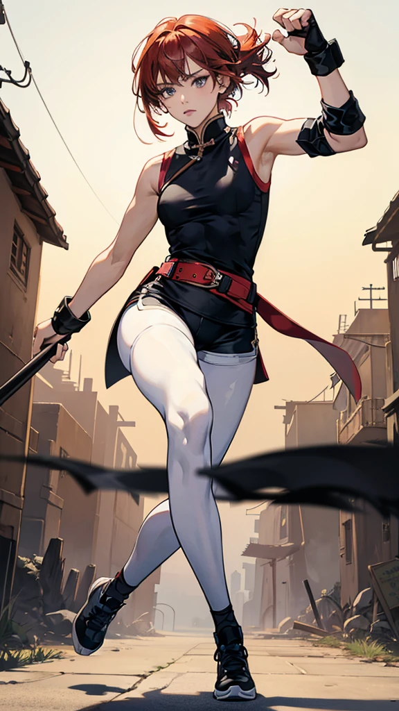 {{masterpiece}}, {{{best quality}}},{{ultra-detailed}}, {{illustration}},{{tall stature}},{{adult women}},skinny,Small breasts,Slender body,{{fighting stance}},((Leggings with integrated shorts)),Black leggings female fighter Red hair short cut Sleeveless uniform Martial Arts Belt ,Chinese style,full body, black fingerless gloves,Street Fight,Slums,1 female,alone,