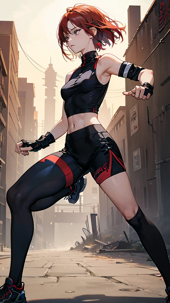 {{masterpiece}}, {{{best quality}}},{{ultra-detailed}}, {{illustration}},{{tall stature}},{{adult women}},skinny,Small breasts,Slender body,{{fighting stance}},((Leggings with integrated shorts)),Black leggings female fighter Red hair short cut Sleeveless uniform Martial Arts Belt ,Chinese style,full body, black fingerless gloves,Street Fight,Slums,1 female,alone,