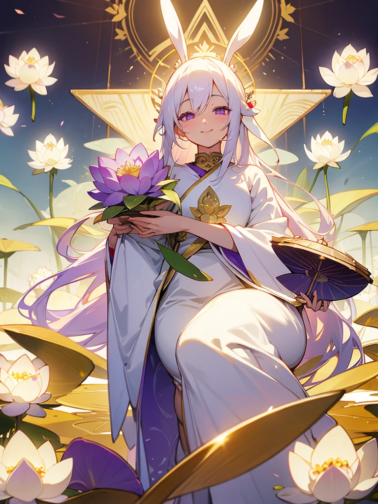 Buddha, rabbit ears, long white hair, white dress, portable shrine, festival, angel halo, lotus flower field, purple eyes, smile, swallow, lotus bouquet, gold screen, paradise, lotus flower