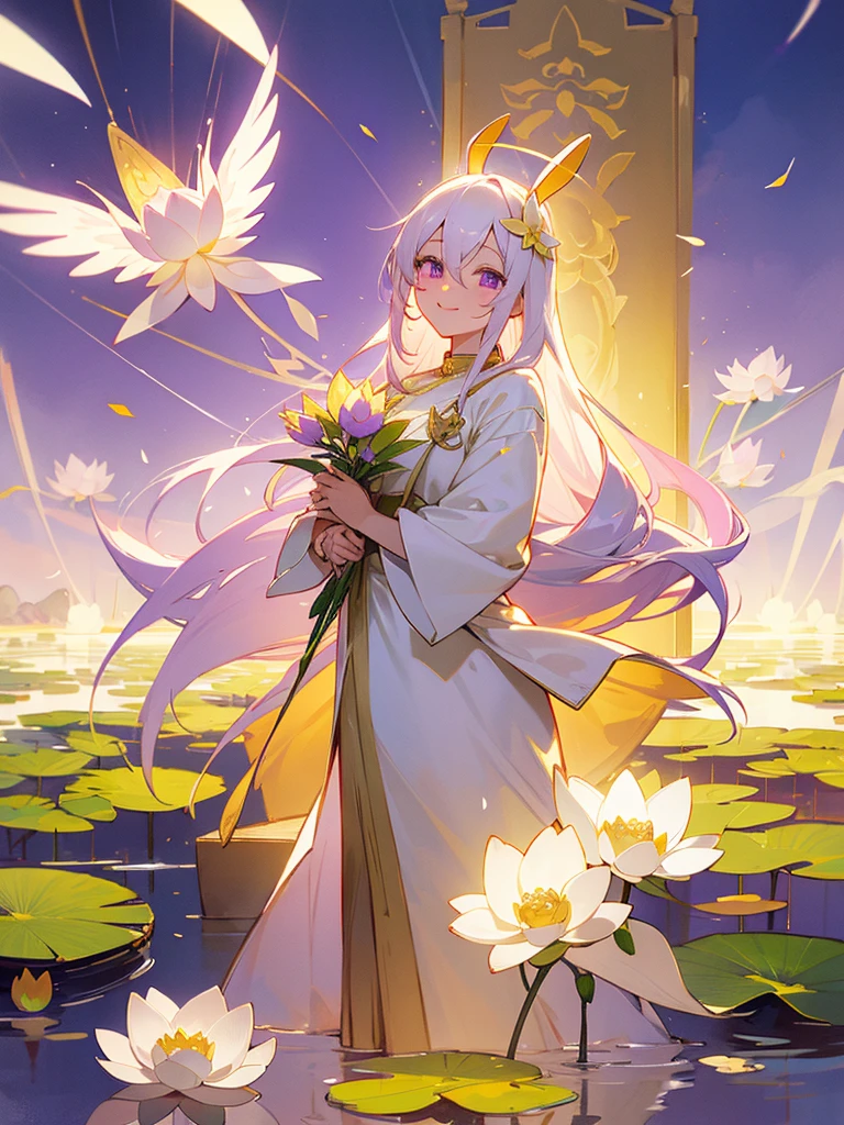 Buddha, rabbit ears, long white hair, white dress, portable shrine, festival, angel halo, lotus flower field, purple eyes, smile, swallow, lotus bouquet, gold screen, paradise, lotus flower
