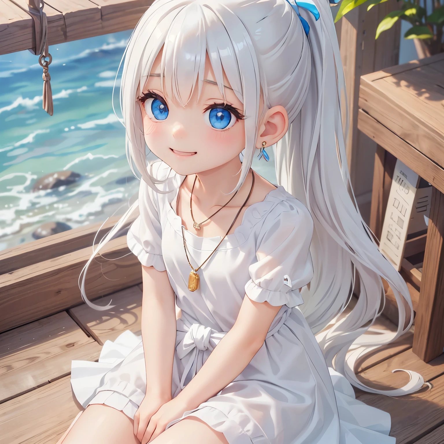 thin and soft hair、Dynamic、Earrings、necklace、Beautiful glowing white skin,、 bright, Refreshing and gentle look, Perfect beautiful pretty face, Shiny platinum blonde straight long hair reaching down to her waist, Beautiful shiny bangs, ((Very beautiful and beautiful4Year old girl)), eyeliner, so perfect and beautiful, Big clear sky blue eyes, bright eye highlights, Baby Face、Cute smile、Long eyelashes、Cute figure、Looking down on a young girl from above、photograph、high quality、24k、16k、quality、Shorts T-shirt、I can see a big waterfall、Ponytail、