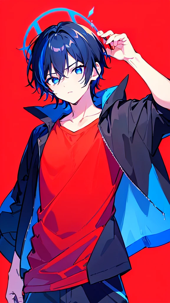 [(RED BACKGROUND:1.5),::5], ((((masterpiece)))), high quality, ultra very high resolution, full color, (((solo))), (( boy)), BLACK hair, (Blue streaked hair), (oriental deepblue eyes), anime, ((upper body)), Summer clothes, neon light, black parka, 