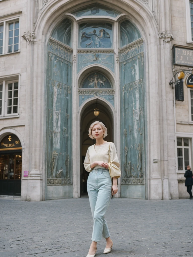 her name is Amelie, high quality, 1girl, ((25-year-old fit Caucasian woman)), ((25 years old)), ((SLIM)), ((short blonde hair)), pose: standing, wearing Contemporary Generation-Z modern wear pastel colored, BACKGROUND: Exploring the vibrant Grand Place, with its stunning medieval guildhalls and bustling atmosphere.