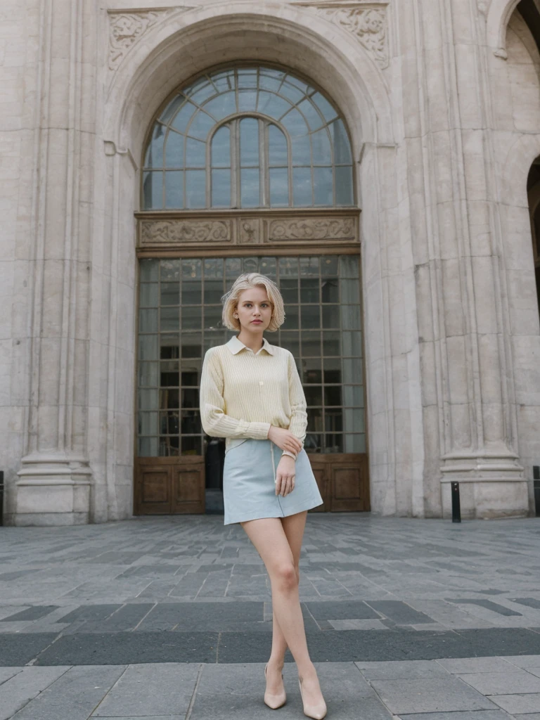 her name is Amelie, high quality, 1girl, ((25-year-old fit Caucasian woman)), ((25 years old)), ((SLIM)), ((short blonde hair)), pose: standing, wearing Contemporary Generation-Z modern wear pastel colored, BACKGROUND: Exploring the vibrant Grand Place, with its stunning medieval guildhalls and bustling atmosphere.