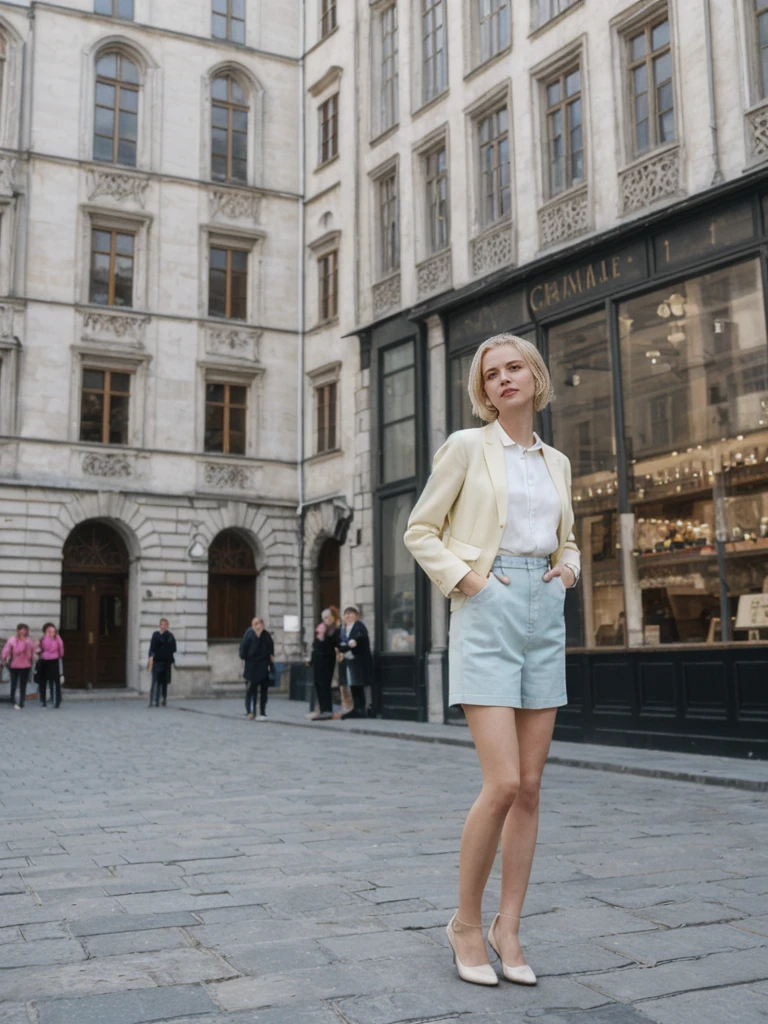 her name is Amelie, high quality, 1girl, ((25-year-old fit Caucasian woman)), ((25 years old)), ((SLIM)), ((short blonde hair)), pose: standing, wearing Contemporary Generation-Z modern wear pastel colored, BACKGROUND: Exploring the vibrant Grand Place, with its stunning medieval guildhalls and bustling atmosphere.