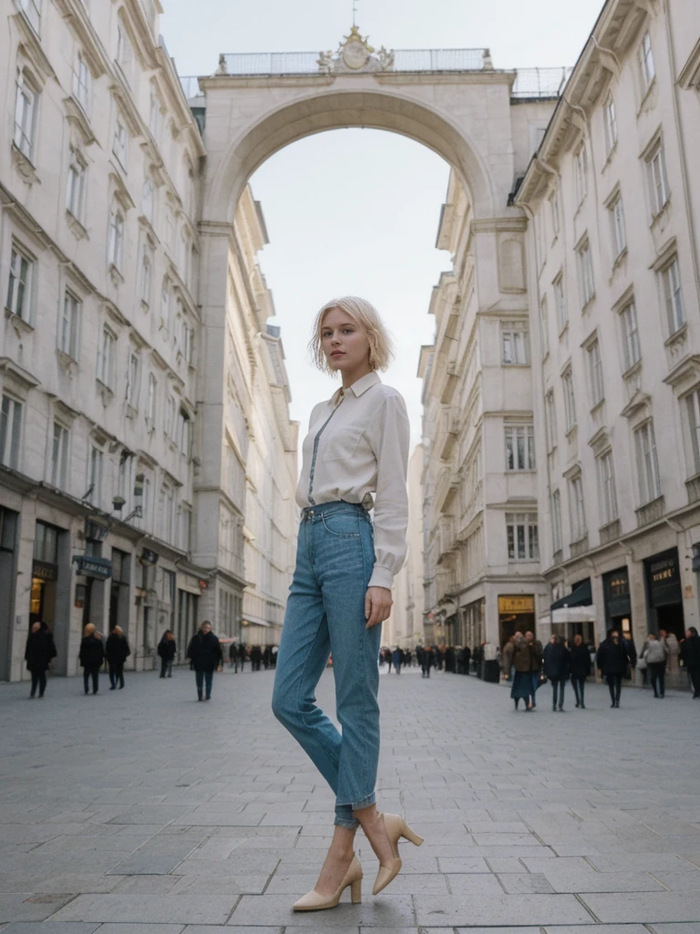 her name is Amelie, high quality, 1girl, ((25-year-old fit Caucasian woman)), ((25 years old)), ((SLIM)), ((short blonde hair)), pose: standing, wearing Contemporary Generation-Z modern wear pastel colored, BACKGROUND: Exploring the vibrant Grand Place, with its stunning medieval guildhalls and bustling atmosphere.