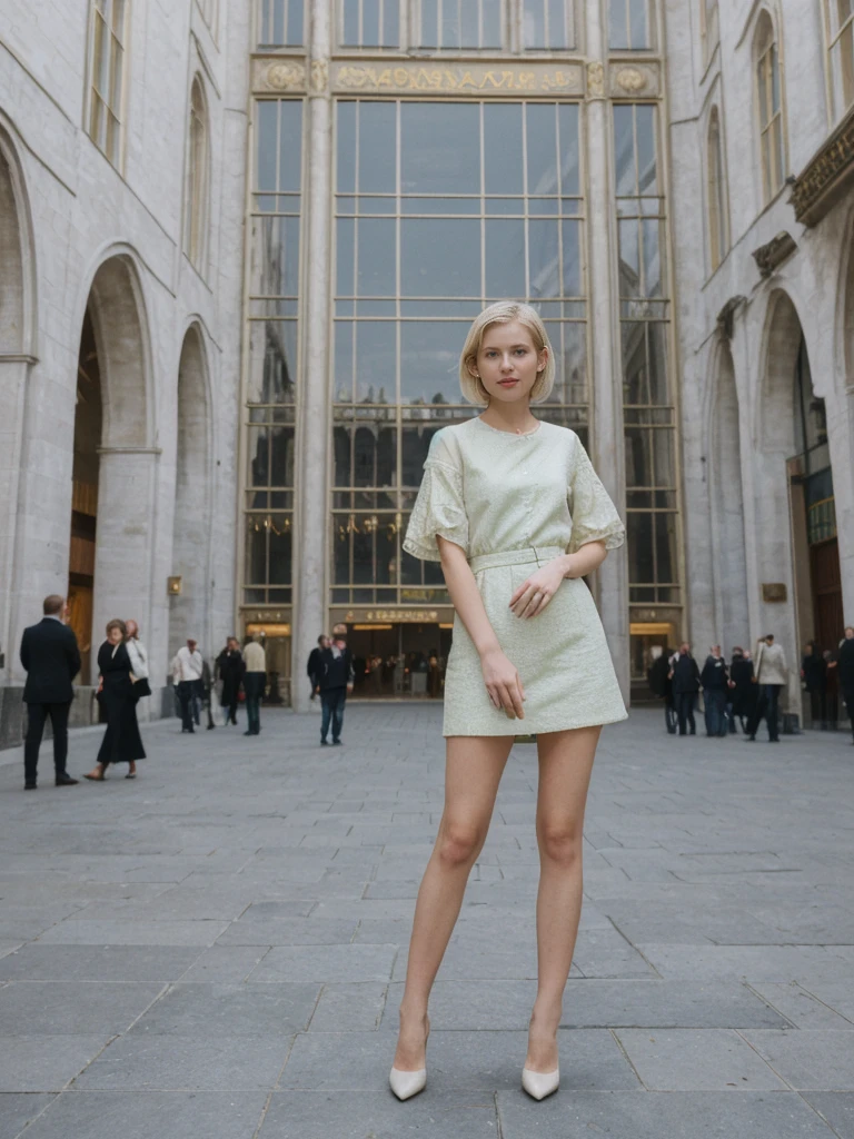 her name is Amelie, high quality, 1girl, ((25-year-old fit Caucasian woman)), ((25 years old)), ((SLIM)), ((short blonde hair)), pose: standing, wearing Contemporary Generation-Z modern wear pastel colored, BACKGROUND: Exploring the vibrant Grand Place, with its stunning medieval guildhalls and bustling atmosphere.